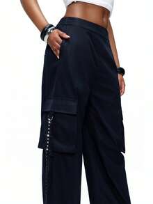 TypaGal Women's Y2K Navy Blue Autumn Punk Bar Party Summer Black Chic Pocket Rivet Decoration Loose Fit Printed Pants Elastic Waist Beach Vacation - Black - View 1