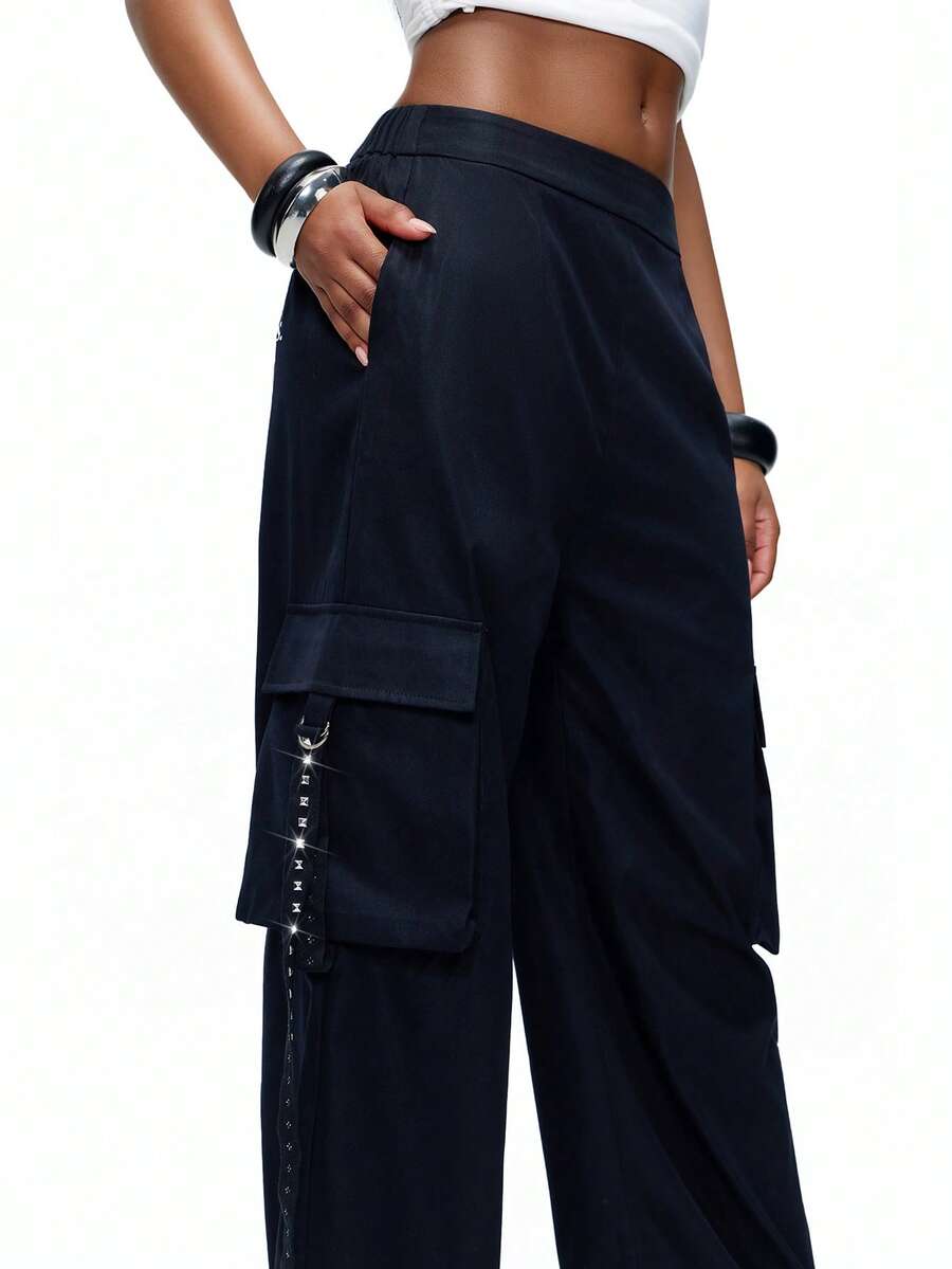 TypaGal Women's Y2K Navy Blue Autumn Punk Bar Party Summer Black Chic Pocket Rivet Decoration Loose Fit Printed Pants Elastic Waist Beach Vacation - Black - View 1