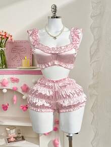 PetitDoll 2件套女士甜美可爱荷叶边吊带背心内衣套装 - 粉色 - 查看 6