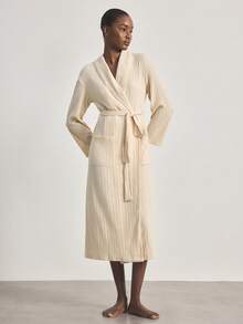 Ocili Women's Striped Fleece Soft Loungewear Robe - Apricot - View 2