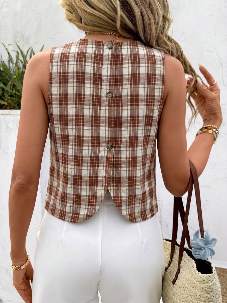 SHEIN LUNE 女士休闲格子无袖衬衫，后背纽扣设计，适合夏季度假、通勤和日常穿着。 - 彩色 - 查看 1