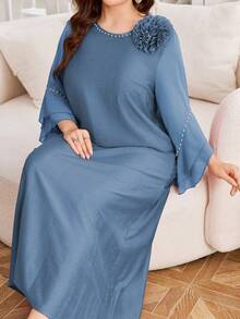 Lacomfia 大码女式纯色雪纺拼接休闲连衣裙 - 霧霾藍 - 查看 5