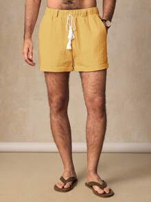 Manfinity VCAY 男士休闲梭织双层绉布中腰抽绳短裤，带腰带环 - 黃色 - 查看 7