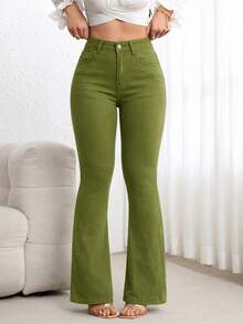 Flexra Quần jeans ống loe màu trơn đơn giản dành cho nữ, thích hợp mặc đi làm hàng ngày. - màu xanh lá - Xem 6