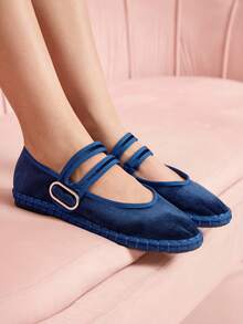 CUCCOO DOLLMOD 女士灰色优雅天鹅绒经典舒适天鹅绒平行双带玛丽珍平底鞋 - 藏蓝色 - 查看 2