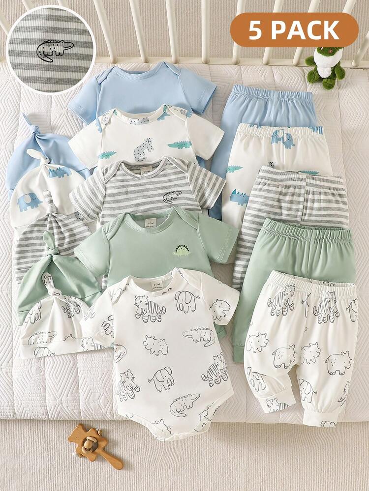 SHEIN Conjunto de 5 piezas para bebé recién nacido unisex: Pelele + Pantalones + Gorro, para verano - Multicolor - Añade 1