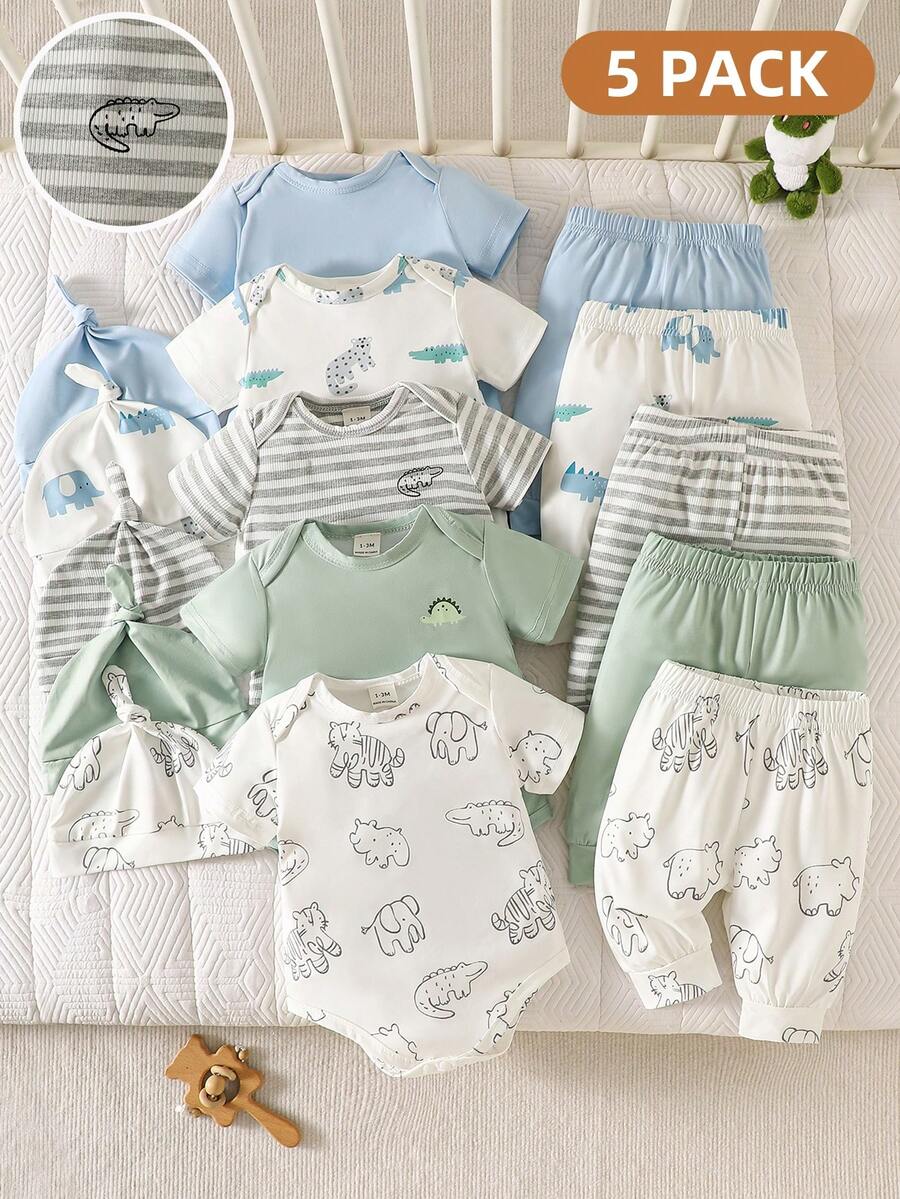 5pcs/Set Newborn Baby Unisex Cute Outfit: Romper + Pants + Hat, Summer - Multicolor - View 1