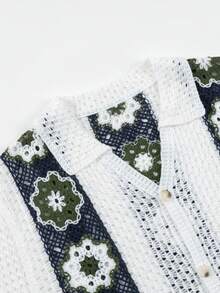 Manfinity CityGents Men's Summer Vacation Floral Pointelle Knit Button-Up Cardigan - White - View 3