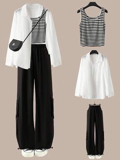 Sweetra 大码女装三件套：休闲条纹印花背心、白色长袖衬衫和工装裤，适合工作和日常穿着，春秋季。