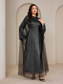 Al Najma 女士优雅撞色网纱宽松阿拉伯风连衣裙，秋季 - 灰色 - 查看 7