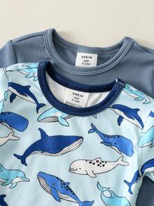 SHEIN 4件套男婴可爱夏季针织海洋卡通图案连体睡衣套装，基础款多件套家居服套装 - 彩色 - 查看 8