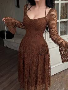 Đầm midi nữ thanh lịch với ren ở eo và tay áo xòe. - Cà phê nâu - Xem 9