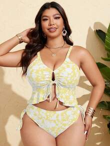 Swim Mod 大码女士黑色碎花荷叶边挂脖系带两件式泳衣 - 黃色 - 查看 4