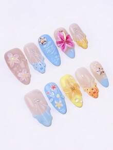 ROMWE Anime 10 Simple Three-Dimensional Carved Fake Nail Pads And A Piece Of Double-Sided Tape - Multicolor - View 1