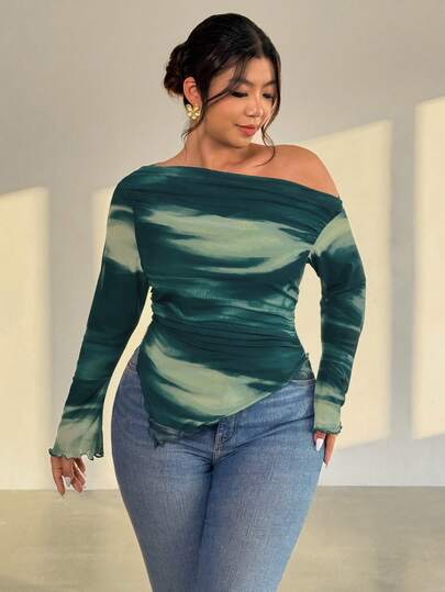 Firerie Plus Size Women's Elegant Romantic Tie Dye Print Long Sleeve Asymmetrical Hem T-Shirt One Shoulder Top Asymmetrical Top Off The Shoulder Long Sleeve Long Sleeve Top Plus Size Top Spring Outfit Women Spring T-Shirt For Women