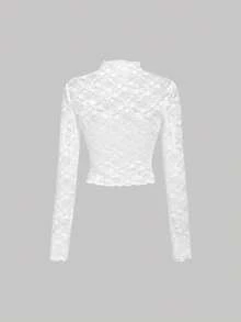 SHEIN MOD 3件套女士蕾丝透视长袖黑白上衣，蕾丝上衣，黑白上衣，3件装女士薄纱蕾丝长袖露脐上衣，高领设计，春夏款，优雅上衣，外出上衣，生日装，嘉年华服装，多件装上衣，漏斗领上衣 - 黑與白 - 查看 10