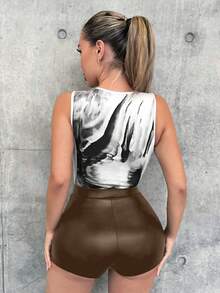 Zolique Falda-pantalón de mujer de moda casual de unicolor, de cintura alta con volantes en el bajo, de cuero sintético (PU) - Marrón - Ver 2