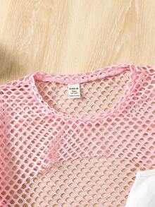 SHEIN 3件套少女夏季休闲度假运动日常通勤字母印花吊带背心、网纱透视上衣和海豚短裤 - 粉色 - 查看 6