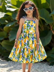 女童无袖柠檬印花连衣裙，度假风，时尚百搭，适合夏季海滩穿着 - 彩色 - 查看 3