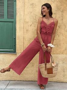 Serisse Women's Solid Color Backless Ruffle Trim Casual Jumpsuit - Redwood - View 5