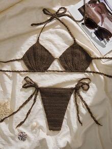 Swim Vcay Shell Pearl Starfish Beaded Brown Knit Halter Top And Thong Panty Set - Brown - View 2