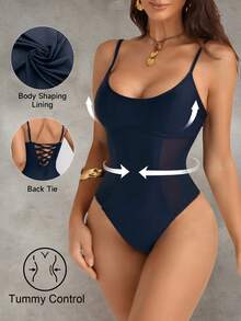 Shapewave 女士网纱拼接抽绳收腹提臀连体泳衣，黑色网纱圆领 - 藍色 - 查看 3