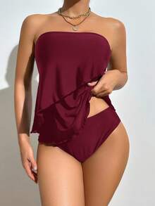 Swim Basics 优雅花卉下摆女士沙滩度假抹胸式吊带泳衣套装 - 酒紅色 - 查看 3