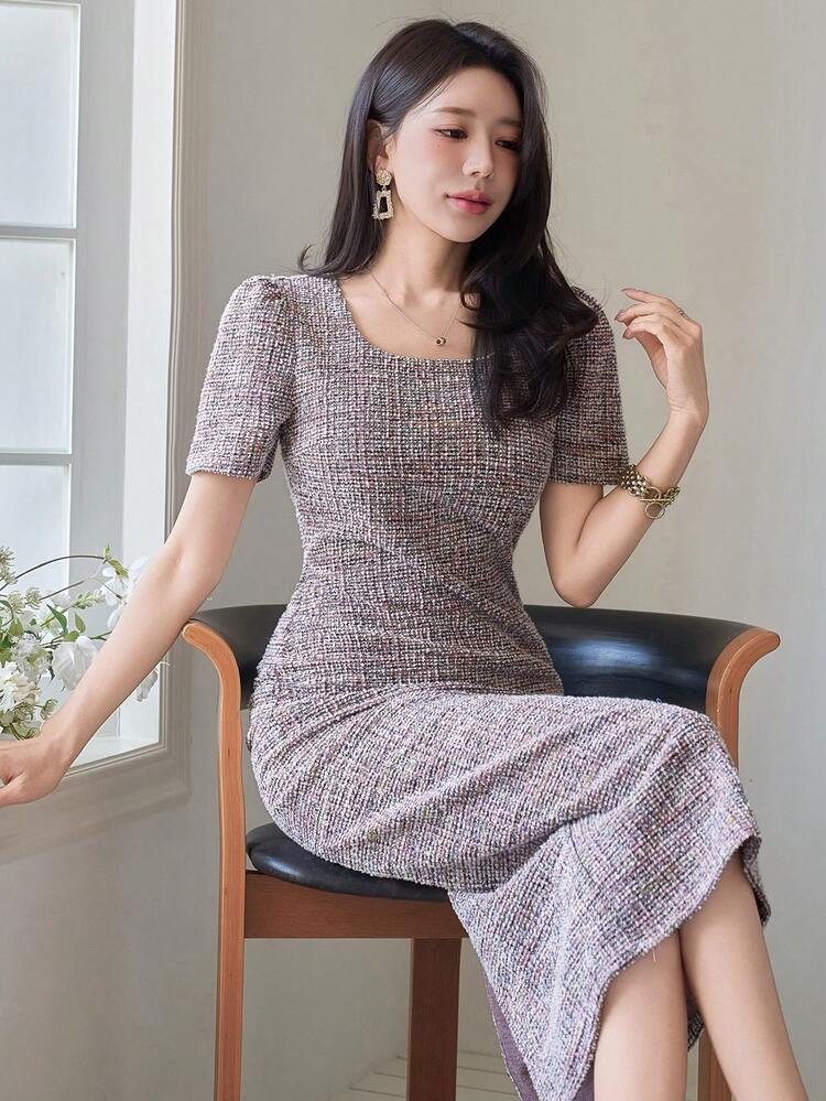 Women's Elegant Textured Square Neck Puff Sleeve Dress, Summer Wedding Guest Dress Sundress