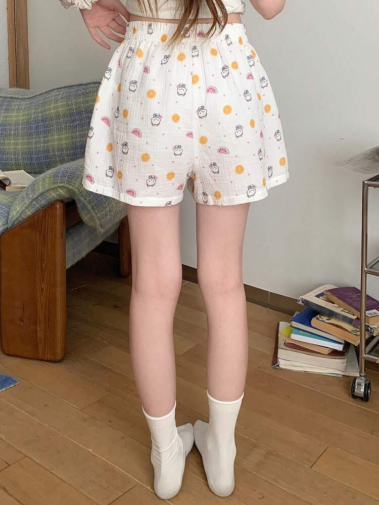 Cute Cartoon Bear & Fruit Print Textured Fabric Short Women Pajama Bottoms