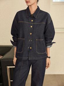 Dazy-Less Spring/Summer Romantic Design Loose Casual Commute Elegant Blue Shirt And Straight Leg Jeans Women 2-Piece Suit - Blue - View 7