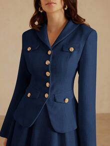 Aveloria Rosie 斜纹软呢面料优雅时尚修身女式外套，带纽扣口袋；斜纹软呢喇叭简约风女式半身裙，两件套 - 藏蓝色 - 查看 1