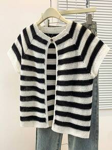 Franclia 大码女式休闲通勤黑白条纹插肩短袖针织上衣，夏季 - 杏色 - 查看 1