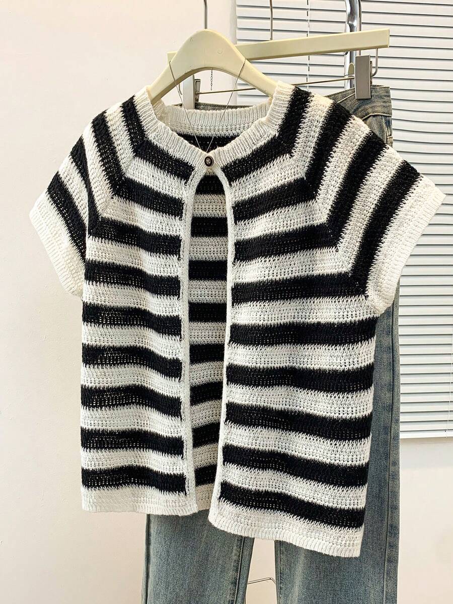 Franclia 大码女式休闲通勤黑白条纹插肩短袖针织上衣，夏季 - 杏色 - 查看 1