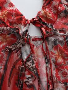 INAWLY Women's Vacation Leopard Floral Print Patchwork Ruffle Tie Front Halter Top - Multicolor - View 4