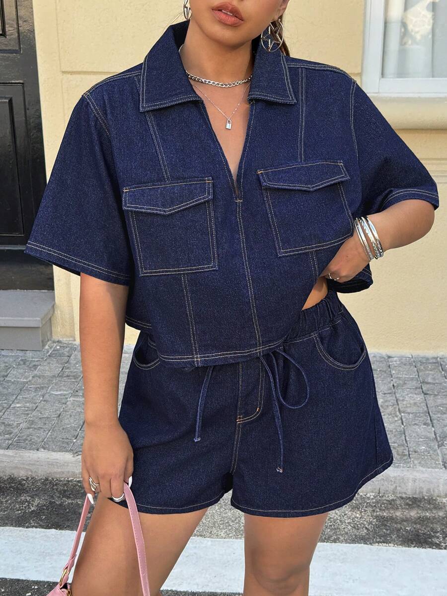 SHEIN EZwear 大码女式短袖单排扣工装口袋牛仔衬衫和牛仔短裤休闲两件套 - 藍色 - 查看 1