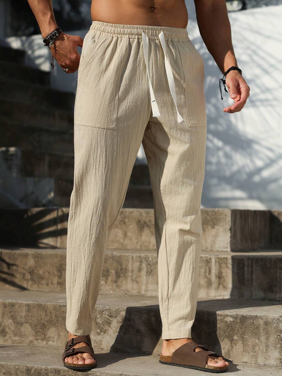 Manfinity RSRT Men's Cotton Drawstring Waist Slant Pocket 3/4 Pants, Slim Fit Linen Capri Trousers - Khaki - View 1