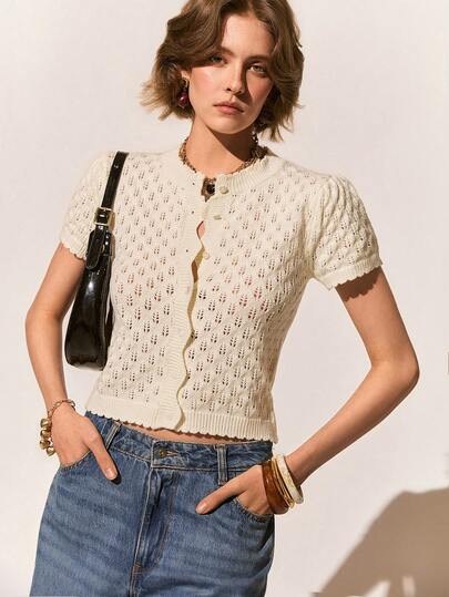 Poéselle 女士纯色短袖休闲前开襟纽扣镂空针织开衫毛衣