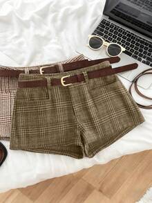 Franclia Retro Fashionable Versatile Plaid Woolen High Waist Slimming Casual Shorts For Women - Multicolor - View 3