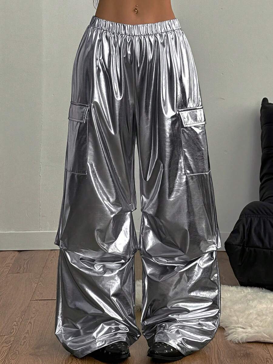 Coolane 女士时尚街头翻盖口袋松紧腰阔腿工装裤 - 黑色 - 查看 1