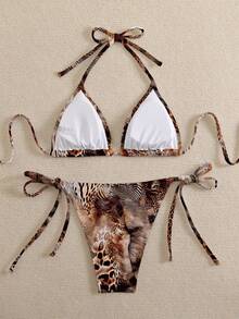 Swim Vcay Women's Leopard Print Halter Twist Front Bikini Set - Multicolor - View 2