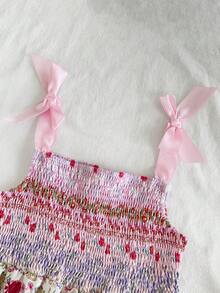 Vintaside Kids 1pc Girls' Summer Floral Print Ruffled Layered Pink Sundress With Bow Strap Fitted Dress - Multicolor - View 5