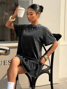 Muchica 黑色针织女式圆领落肩荷叶边下摆水洗连衣裙 - 黑色 - 查看 1