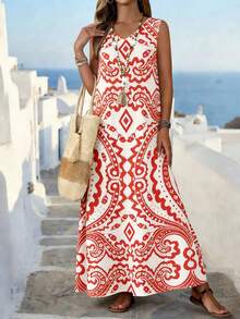 Balvessa Vestido sin mangas con estampado de paisley para mujer, suelto y favorecedor, estilo vacacional - Naranja - Ver 1