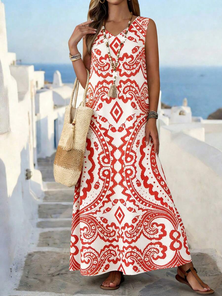 Balvessa Vestido sin mangas con estampado de paisley para mujer, suelto y favorecedor, estilo vacacional - Naranja - Ver 1