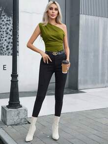 Aveloria Modichic Women's Casual Commuting Minimalist Solid Color Pleated Fitted Shoulder Top, Summer - Olive Green - View 5