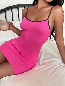 Lowkey Lull Vestido de tirantes ajustado con ribete de contraste sexy para mujer, de verano - Rosa - Ver 3