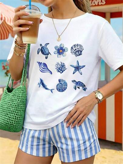 EMERY ROSE 2pcs Blue Striped Round Neck Short Sleeve Ocean Element Beach Vacation Set For Women