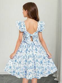 SHEIN Đầm in hoa thanh lịch dành cho bé gái tuổi teen, trang trí nơ và viền bèo nhún. - Xanh và trắng - Xem 4
