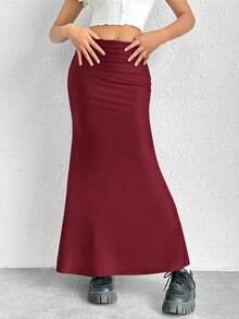 SHEIN EZwear 酒红色亮面针织美人鱼裙 - 酒紅色 - 查看 4