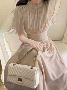 DAZY 优雅女神褶皱雪纺飘逸连衣裙 - 杏色 - 查看 1